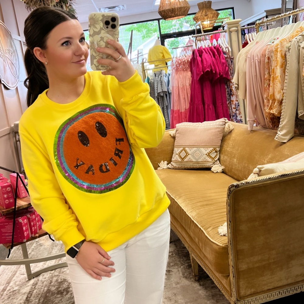QUEEN OF SPARKLES Yellow Smile Friday Sweatshirt